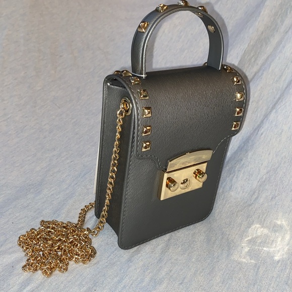Elegant Gold RockStudded, Chain Strap, Crossbody Top Handle Bag Steel Gray NWT - Picture 12 of 14